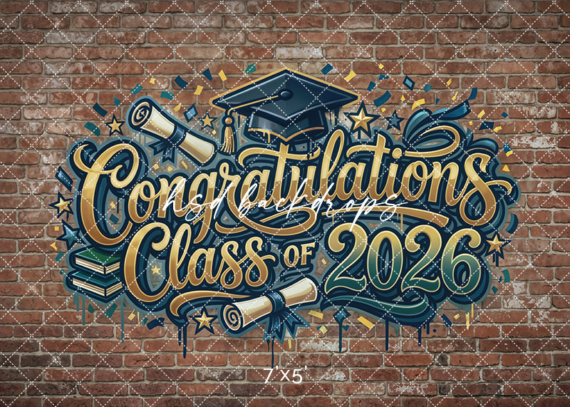 Class of 2026 graffiti brick wall photography backdrop with colorful urban graduation artwork, diploma illustrations, stars, and brick texture for senior portraits.