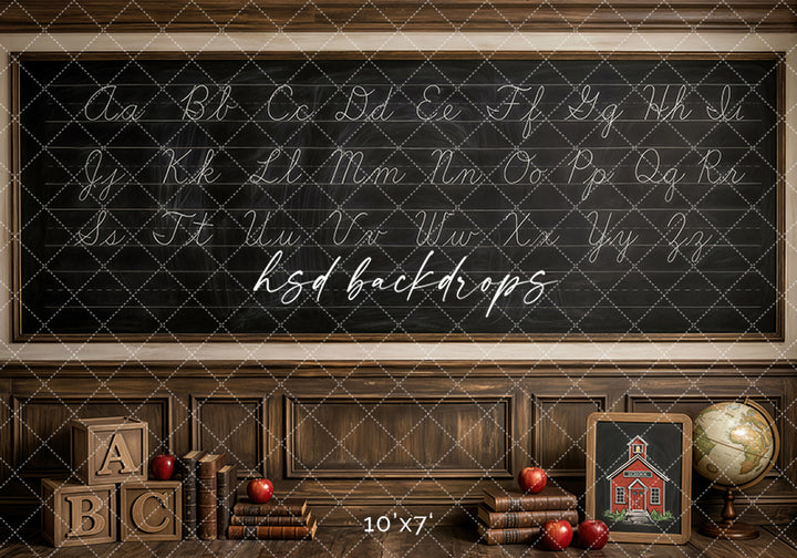 Cursive Alphabet School Photography Backdrop – Antique Classroom Portrait Scene | HSD Backdrops