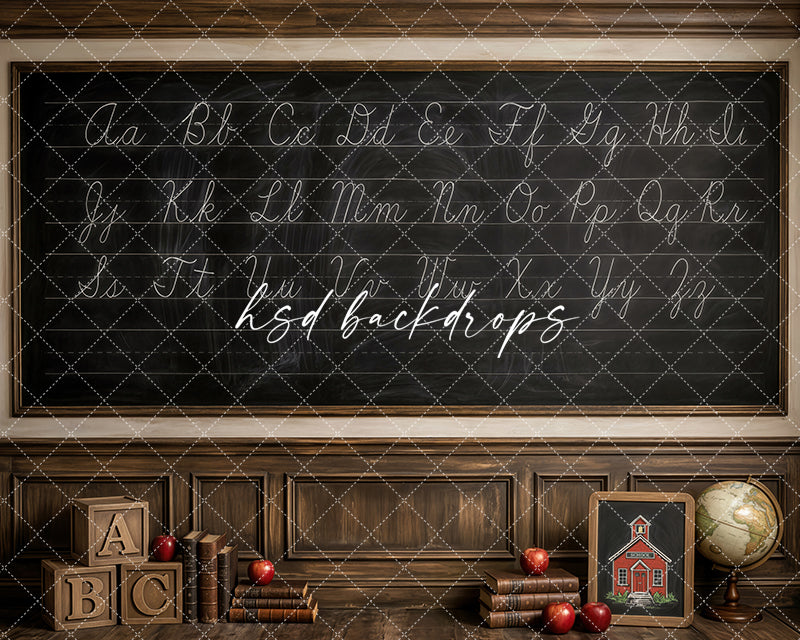Cursive Alphabet School Photography Backdrop – Antique Classroom Portrait Scene | HSD Backdrops