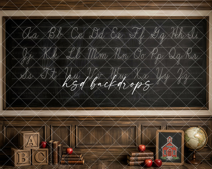 Cursive Alphabet School Photography Backdrop – Antique Classroom Portrait Scene | HSD Backdrops