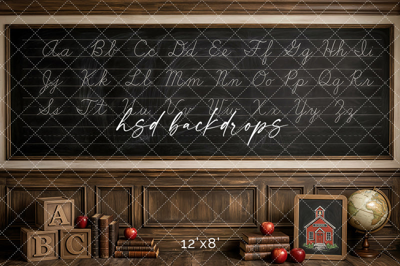 Cursive Alphabet School Photography Backdrop – Antique Classroom Portrait Scene | HSD Backdrops
