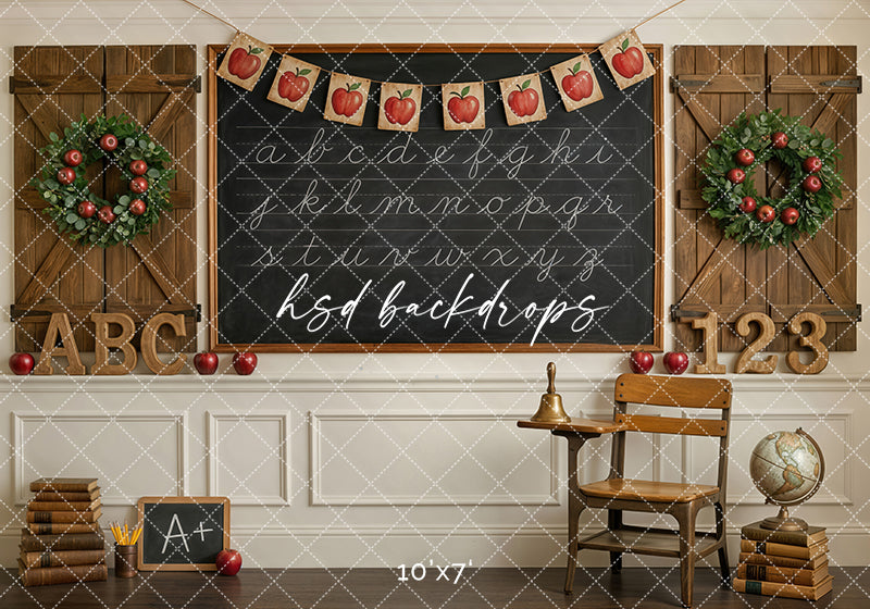 Apple Banner School Photography Backdrop – Timeless Classroom Portrait Scene | HSD Backdrops
