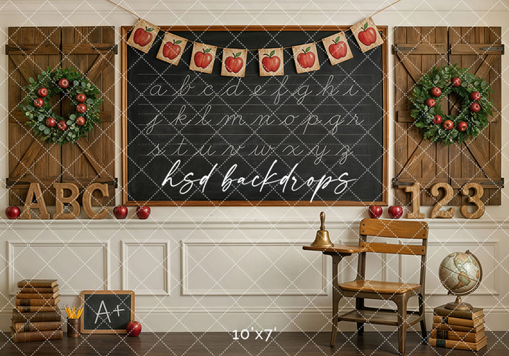 Apple Banner School Photography Backdrop – Timeless Classroom Portrait Scene | HSD Backdrops