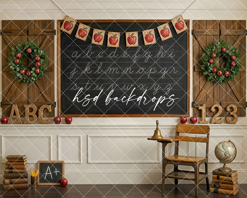 Apple Banner School Photography Backdrop – Timeless Classroom Portrait Scene | HSD Backdrops