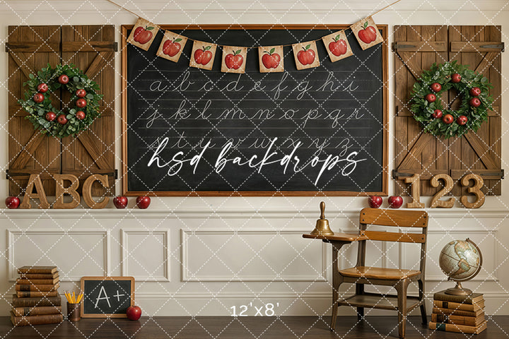 Apple Banner School Photography Backdrop – Timeless Classroom Portrait Scene | HSD Backdrops