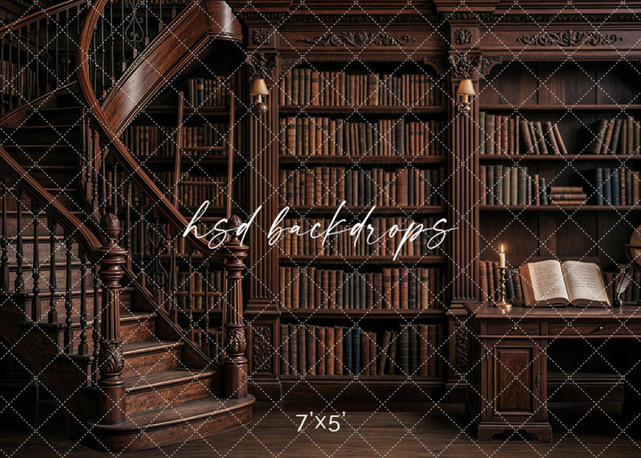 Old World Library photography backdrop with dark wood bookcases, antique books, globes, academic décor, and a timeless scholarly setting for back-to-school portrait photography.