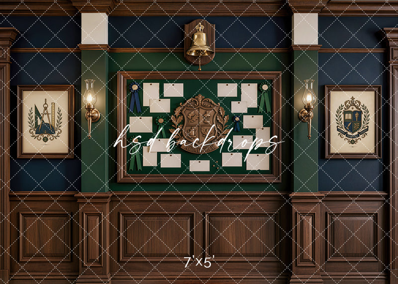 Academic Honor Board photography backdrop with dark wood paneling, green and navy walls, framed school crests, award ribbons, student recognition cards, vintage lamps, and a school bell.