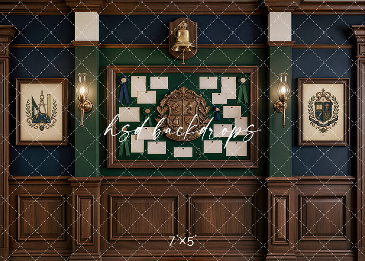 Academic Honor Board photography backdrop with dark wood paneling, green and navy walls, framed school crests, award ribbons, student recognition cards, vintage lamps, and a school bell.