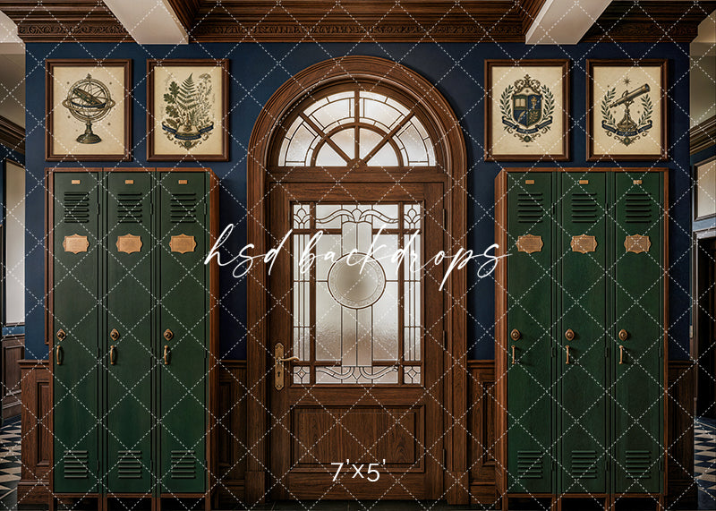 Classic Academy Lockers photography backdrop with deep green school lockers, rich wood trim, an arched doorway, navy walls, and framed academic artwork for student portraits.