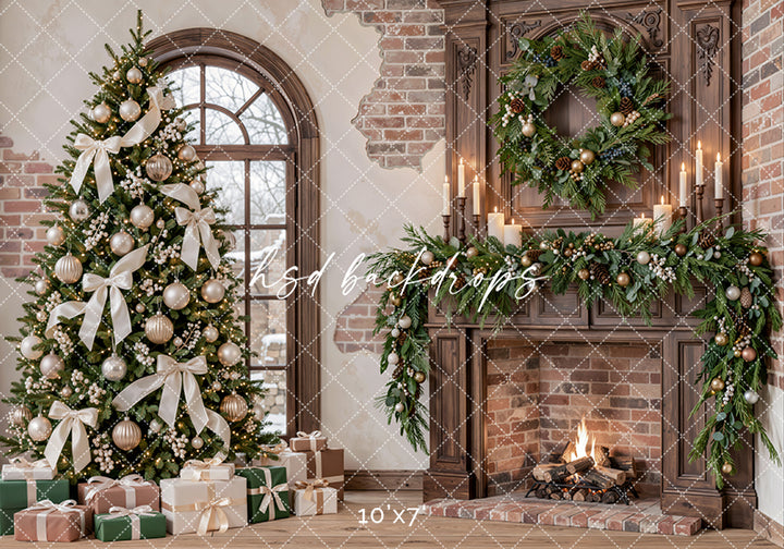 Ivory Ribbon Christmas Fireplace Photography Backdrop – Elegant Holiday Room Scene | HSD Backdrops