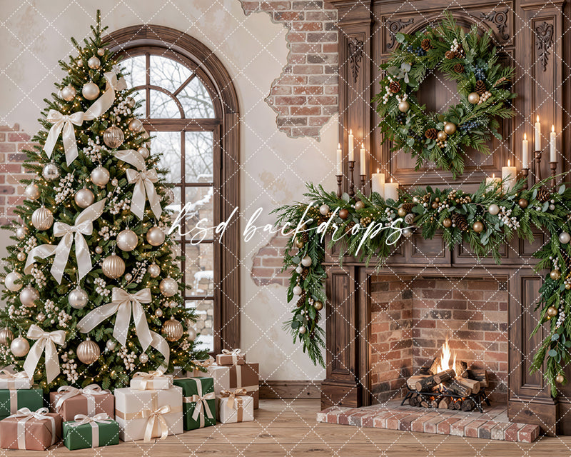 Ivory Ribbon Christmas Fireplace Photography Backdrop – Elegant Holiday Room Scene | HSD Backdrops