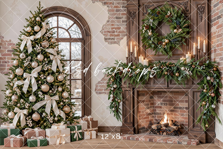 Ivory Ribbon Christmas Fireplace Photography Backdrop – Elegant Holiday Room Scene | HSD Backdrops