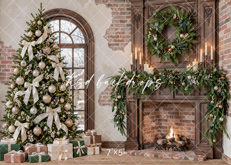 Ivory Ribbon Christmas Fireplace photography backdrop with decorated Christmas tree, ivory bows, champagne ornaments, brick fireplace, dark wood mantel, evergreen garland, wreath, candles, wrapped gifts, and snowy window view.