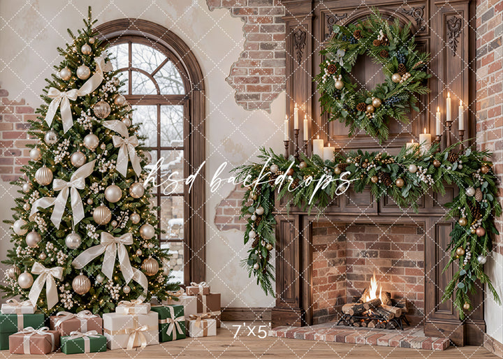Ivory Ribbon Christmas Fireplace photography backdrop with decorated Christmas tree, ivory bows, champagne ornaments, brick fireplace, dark wood mantel, evergreen garland, wreath, candles, wrapped gifts, and snowy window view.