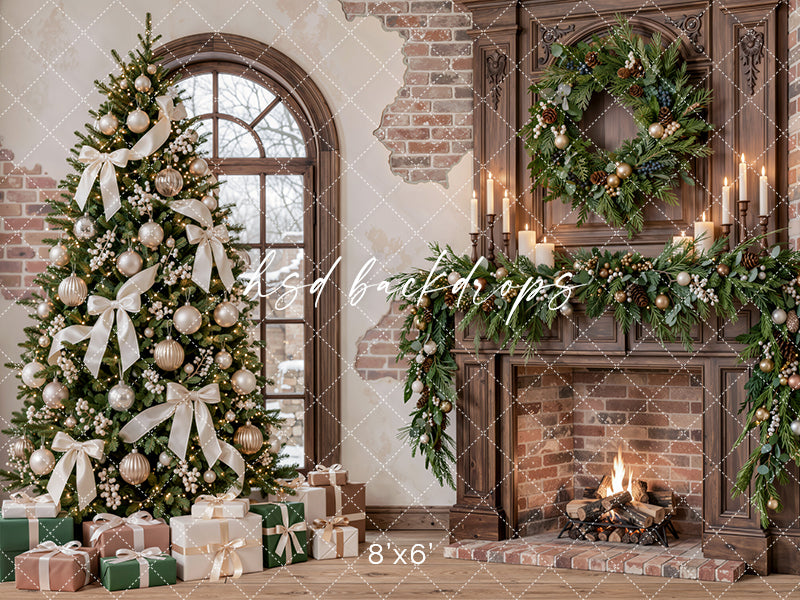 Ivory Ribbon Christmas Fireplace Photography Backdrop – Elegant Holiday Room Scene | HSD Backdrops