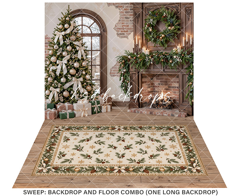 Ivory Ribbon Christmas Fireplace Photography Backdrop – Elegant Holiday Room Scene | HSD Backdrops