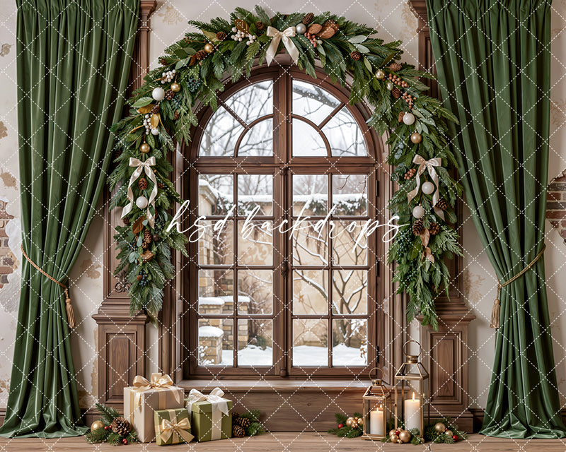 Sage Christmas Window Photography Backdrop – Neutral Winter Holiday Scene | HSD Backdrops