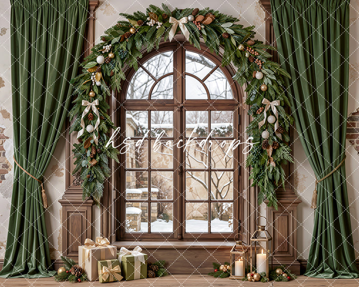 Sage Christmas Window Photography Backdrop – Neutral Winter Holiday Scene | HSD Backdrops