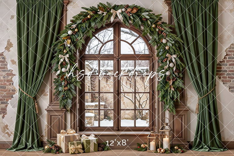 Sage Christmas Window Photography Backdrop – Neutral Winter Holiday Scene | HSD Backdrops