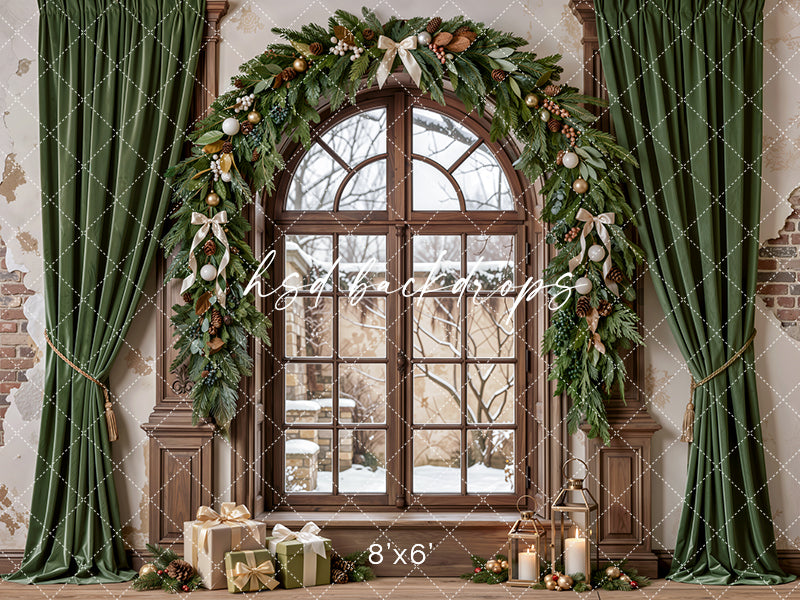 Sage Christmas Window Photography Backdrop – Neutral Winter Holiday Scene | HSD Backdrops