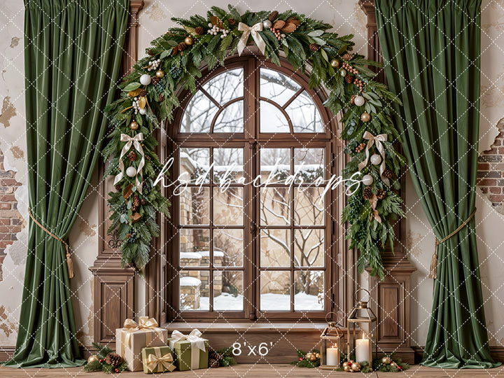 Sage Christmas Window Photography Backdrop – Neutral Winter Holiday Scene | HSD Backdrops