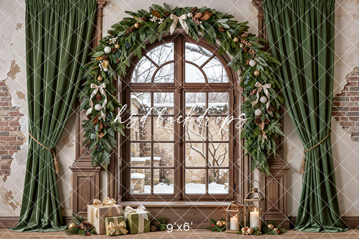 Sage Christmas Window Photography Backdrop – Neutral Winter Holiday Scene | HSD Backdrops