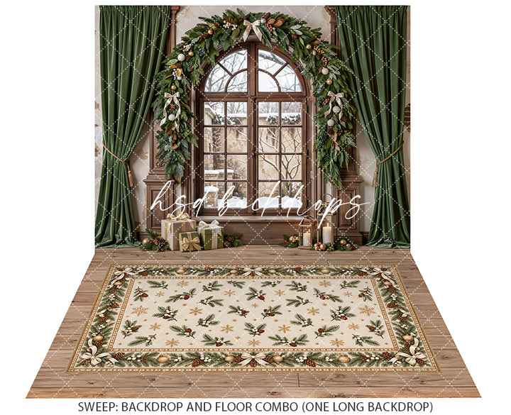Sage Christmas Window Photography Backdrop – Neutral Winter Holiday Scene | HSD Backdrops