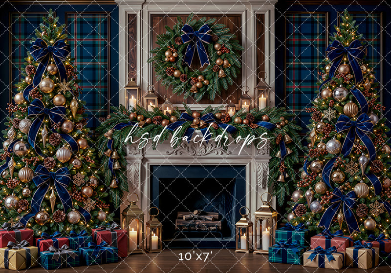 Navy Plaid Christmas Fireplace photography backdrop featuring elegant Christmas trees with navy velvet bows, champagne and gold ornaments, plaid windows, evergreen garland, wreath, lanterns, and wrapped gifts.