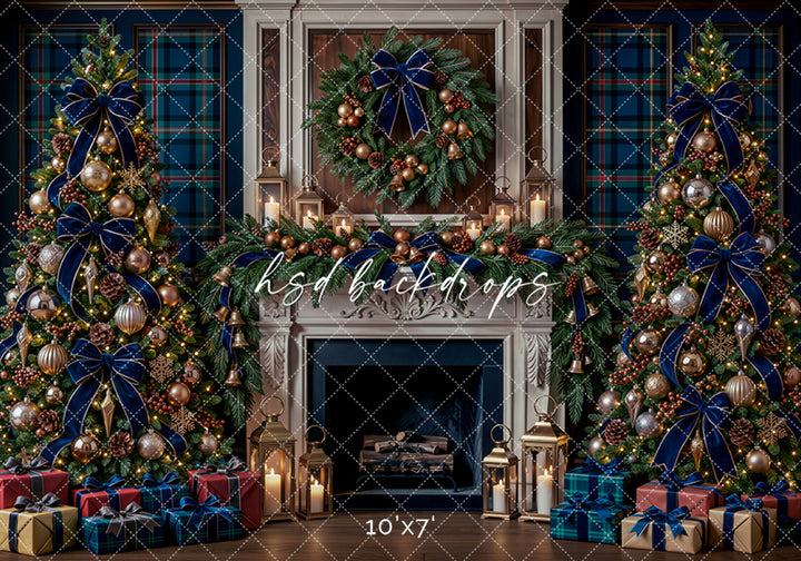 Navy Plaid Christmas Fireplace photography backdrop featuring elegant Christmas trees with navy velvet bows, champagne and gold ornaments, plaid windows, evergreen garland, wreath, lanterns, and wrapped gifts.