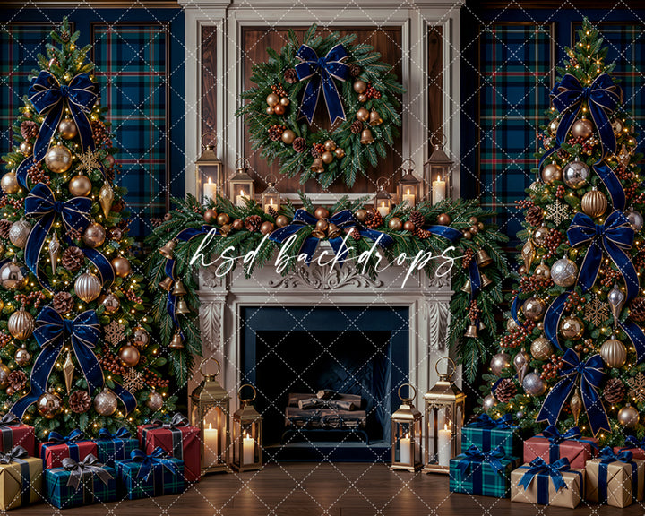 Navy Plaid Christmas Fireplace Photography Backdrop – Luxury Holiday Portrait Scene | HSD Backdrops