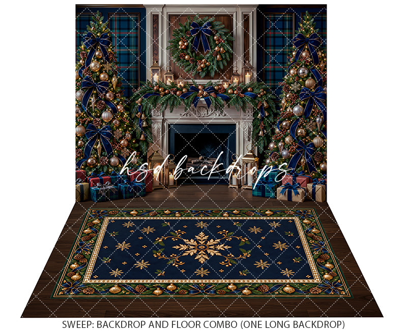 Navy Plaid Christmas Fireplace Photography Backdrop – Luxury Holiday Portrait Scene | HSD Backdrops