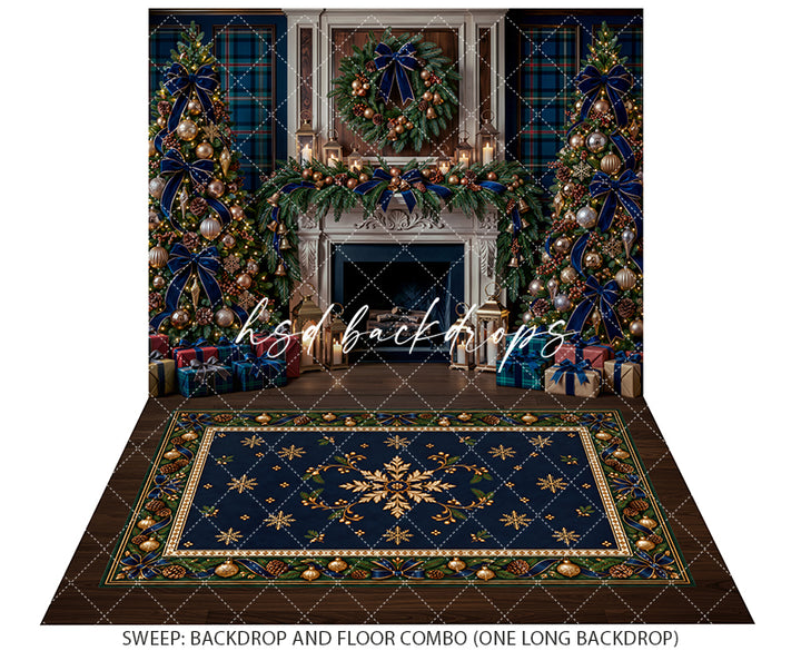 Navy Plaid Christmas Fireplace Photography Backdrop – Luxury Holiday Portrait Scene | HSD Backdrops