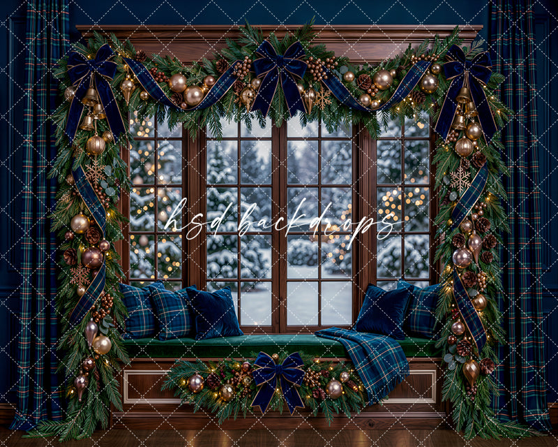 Navy Plaid Christmas Window Photography Backdrop – Cozy Holiday Portrait Scene | HSD Backdrops