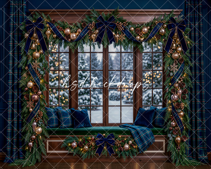 Navy Plaid Christmas Window Photography Backdrop – Cozy Holiday Portrait Scene | HSD Backdrops