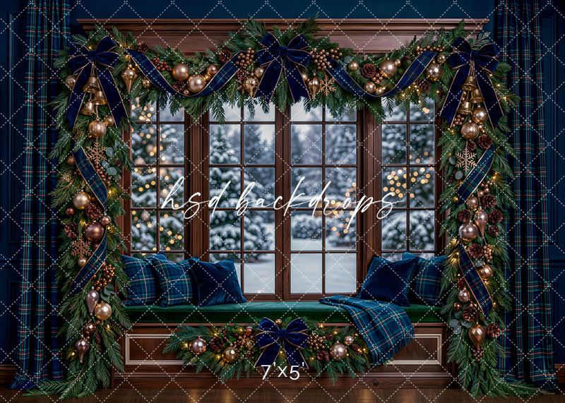 Navy Plaid Christmas Window Photography Backdrop – Cozy Holiday Portrait Scene | HSD Backdrops