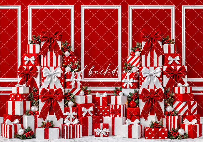 Red Christmas Gift Wall Photography Backdrop – Holiday Shopping Scene | HSD Backdrops