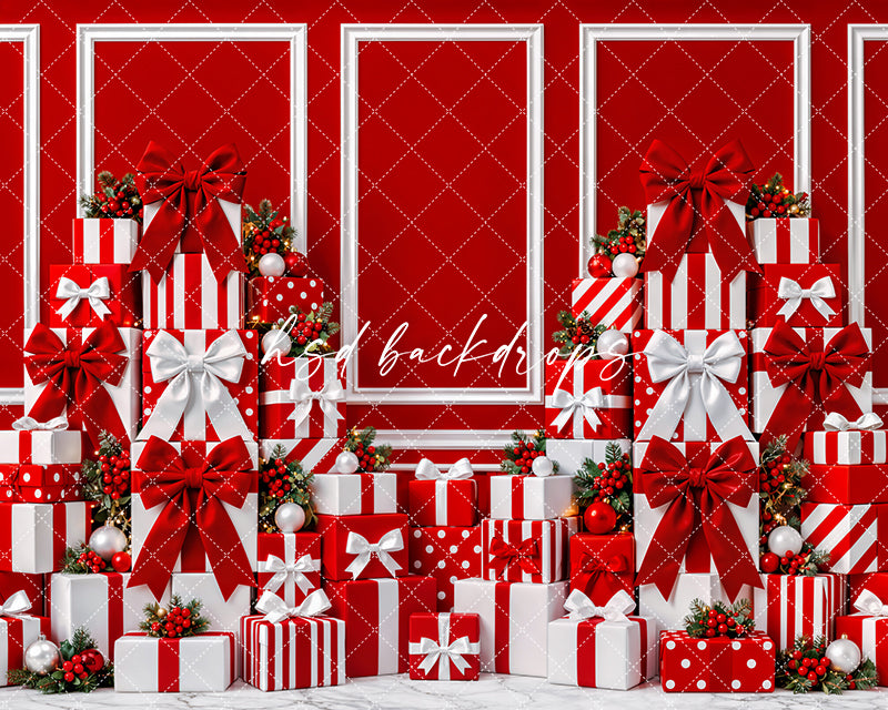 Red Christmas Gift Wall Photography Backdrop – Holiday Shopping Scene | HSD Backdrops