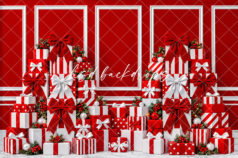 Red Christmas Gift Wall Photography Backdrop – Holiday Shopping Scene | HSD Backdrops