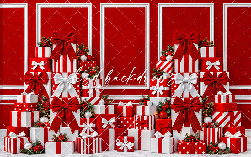 Red Christmas Gift Wall Photography Backdrop – Holiday Shopping Scene | HSD Backdrops