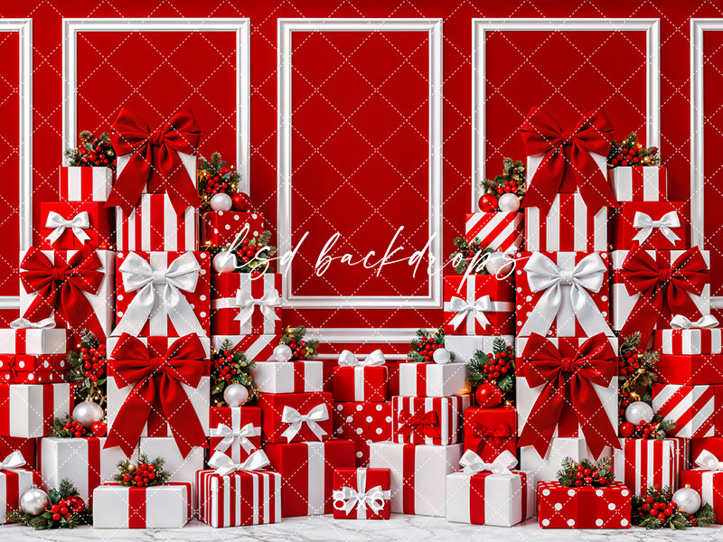 Red Christmas Gift Wall Photography Backdrop – Holiday Shopping Scene | HSD Backdrops