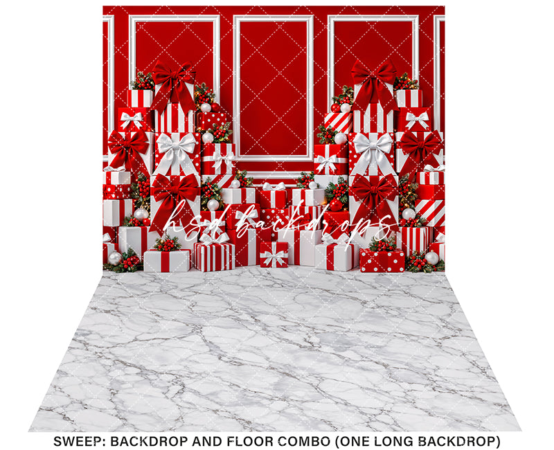 Red Christmas Gift Wall Photography Backdrop – Holiday Shopping Scene | HSD Backdrops