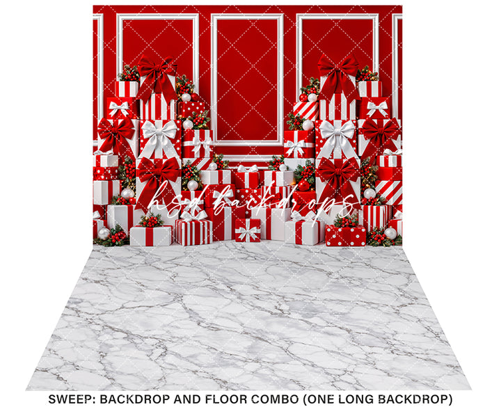 Red Christmas Gift Wall Photography Backdrop – Holiday Shopping Scene | HSD Backdrops
