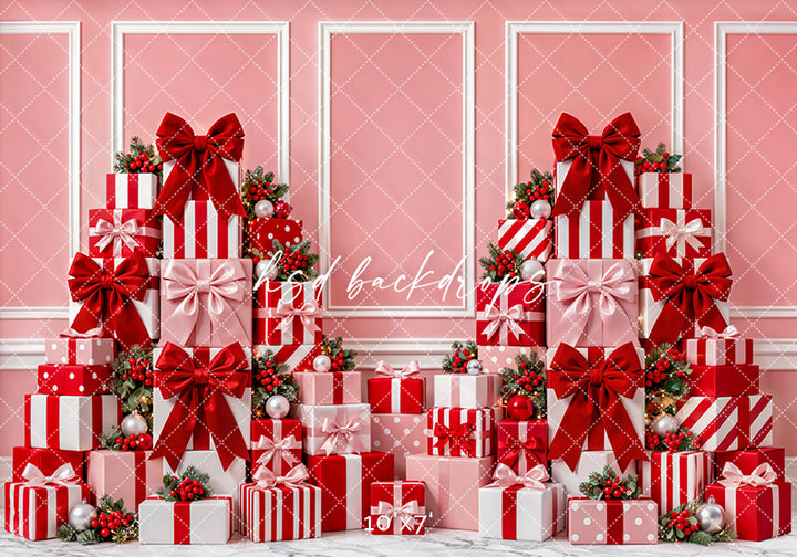 Pink Christmas Gift Wall Photography Backdrop – Holiday Shopping Scene | HSD Backdrops