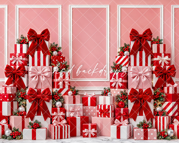 Pink Christmas Gift Wall Photography Backdrop – Holiday Shopping Scene | HSD Backdrops