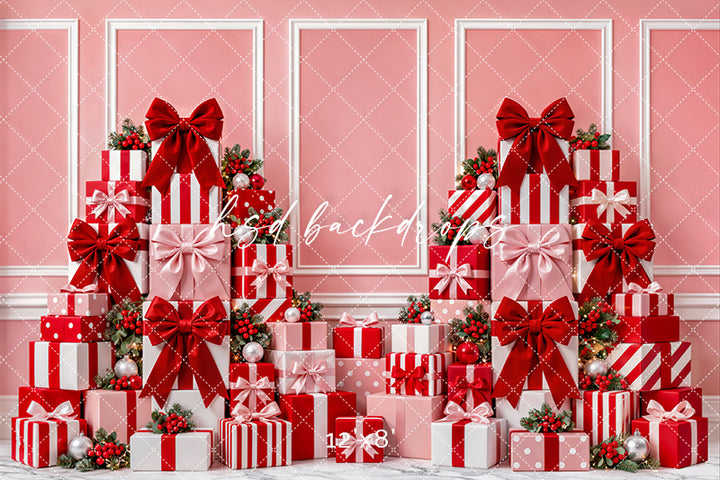 Pink Christmas Gift Wall Photography Backdrop – Holiday Shopping Scene | HSD Backdrops