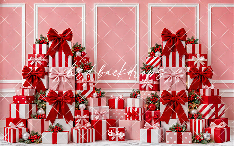 Pink Christmas Gift Wall Photography Backdrop – Holiday Shopping Scene | HSD Backdrops