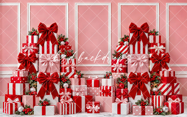 Pink Christmas Gift Wall Photography Backdrop – Holiday Shopping Scene | HSD Backdrops