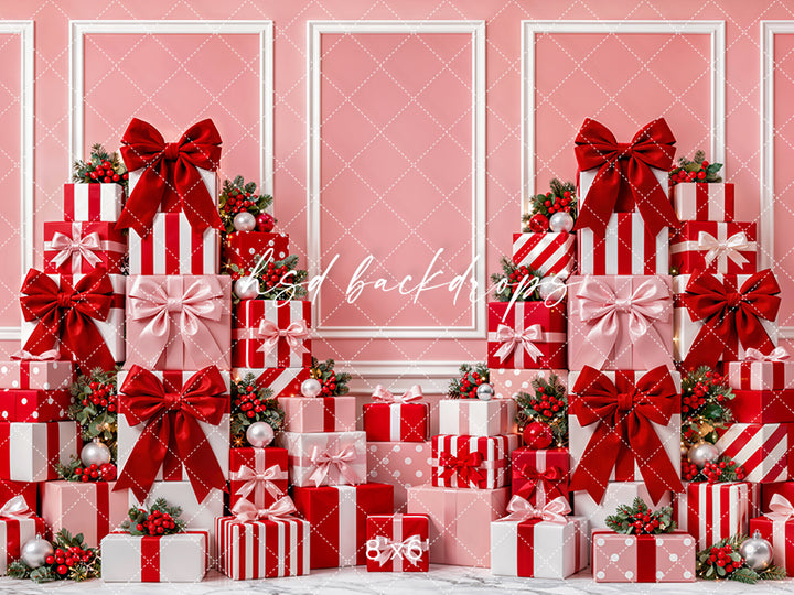 Pink Christmas Gift Wall Photography Backdrop – Holiday Shopping Scene | HSD Backdrops