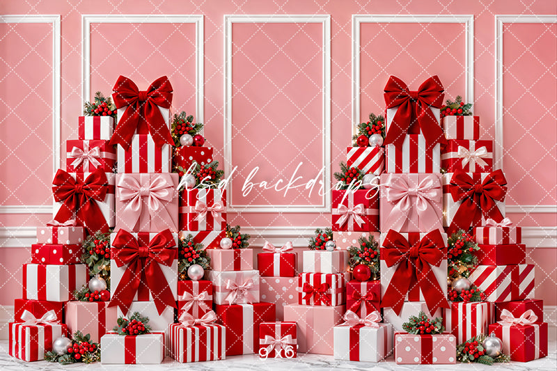 Pink Christmas Gift Wall Photography Backdrop – Holiday Shopping Scene | HSD Backdrops