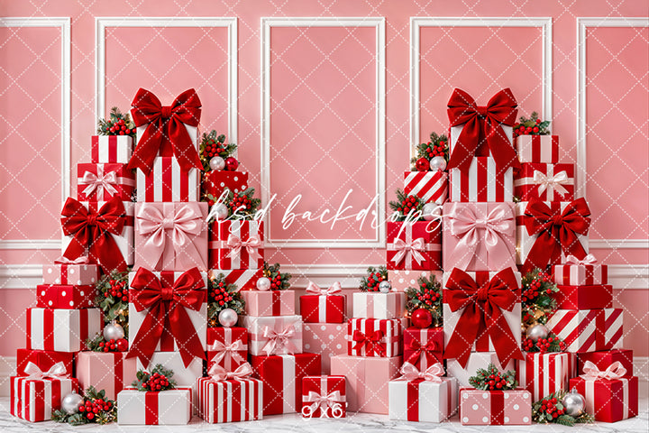 Pink Christmas Gift Wall Photography Backdrop – Holiday Shopping Scene | HSD Backdrops
